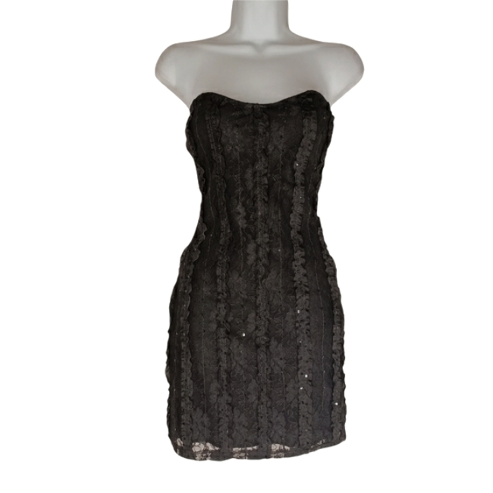 FOREIGN EXCHANGE Black Ruffle Lace Strapless Sweetheart Neckline Bodycon Dress S